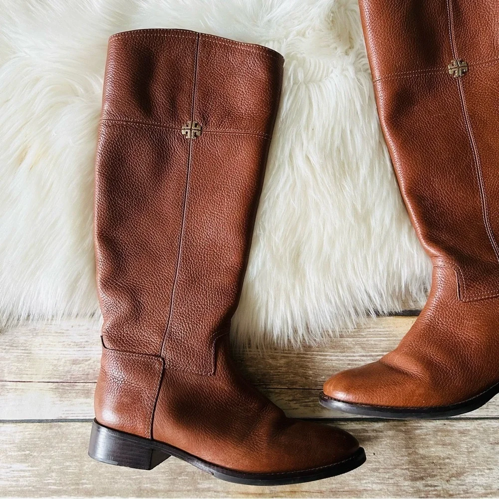 Tory Burch Jolie Pebble Leather Brown Riding Boots 8.5